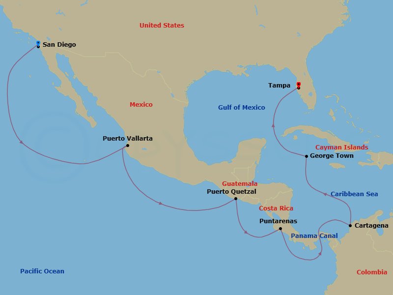 Route map: San Diego, California → Puerto Vallarta, Mexico → Puerto Quetzal,Guatemala → Puntarenas, Costa Rica → Cartagena, Colombia → George Town, Grand Cayman → Tampa, Florida