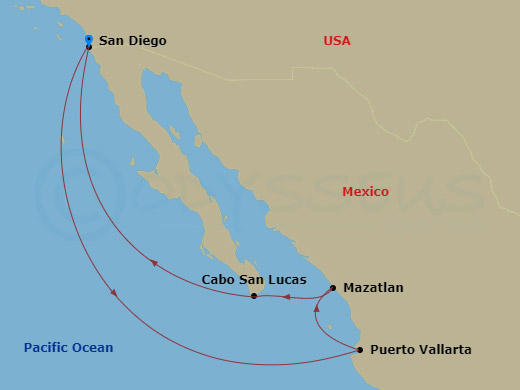 Route map: San Diego, California, US → Puerto Vallarta, Mexico → Mazatlan, Mexico → Cabo San Lucas, Mexico → San Diego, California, US