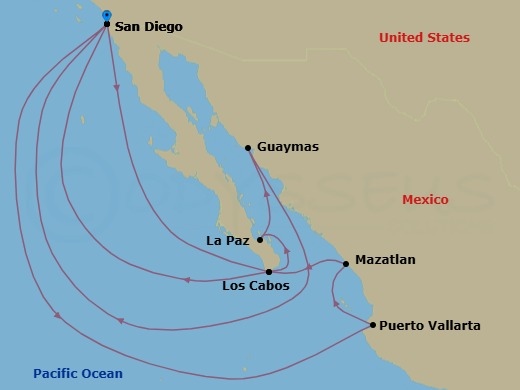 Route map: San Diego, California, US → Puerto Vallarta, Mexico → Mazatlan, Mexico → Cabo San Lucas, Mexico → San Diego, California, US → Cabo San Lucas, Mexico → Pichilingue (La Paz), Mexico → Guaymas, Mexico → San Diego, California, US