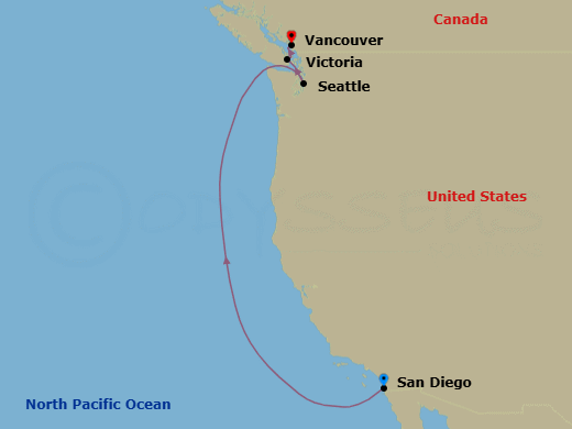 Route map: San Diego, California, US → Seattle, Washington, US → Victoria, British Columbia, Canada → Vancouver, B.C., CA