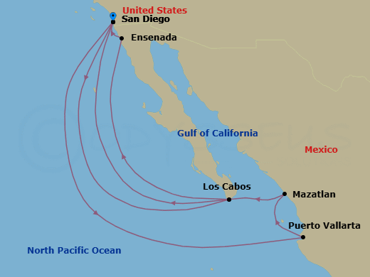 Route map: San Diego, California, US → Cabo San Lucas, Mexico → Ensenada, Mexico → San Diego, California, US → Puerto Vallarta, Mexico → Mazatlan, Mexico → Cabo San Lucas, Mexico → San Diego, California, US