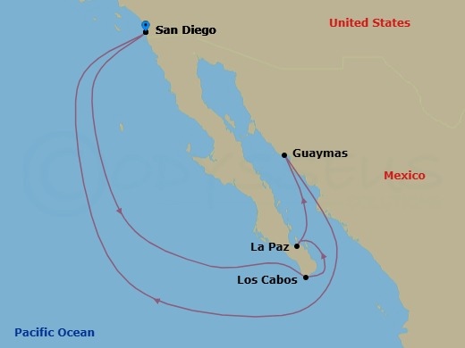 Route map: San Diego, California, US → Cabo San Lucas, Mexico → Pichilingue (La Paz), Mexico → Guaymas, Mexico → San Diego, California, US