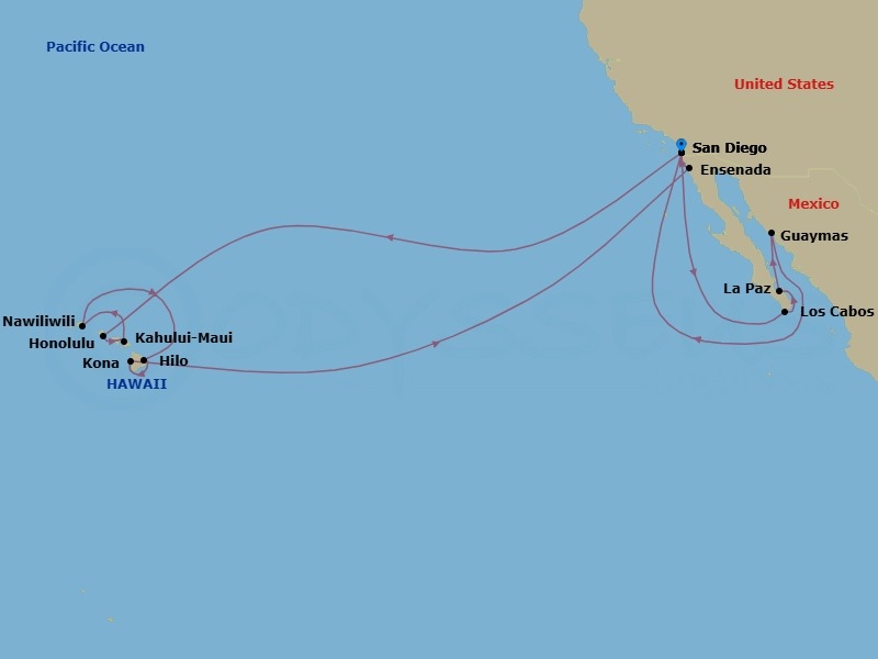 Route map: San Diego, California, US → Cabo San Lucas, Mexico → Pichilingue (La Paz), Mexico → Guaymas, Mexico → San Diego, California, US → Honolulu, Hawaii, US → Kahului, Maui, US → Nawiliwili, Kauai, Hawaii, US → Hilo, Hawaii, US → Kona, Hawaii, US