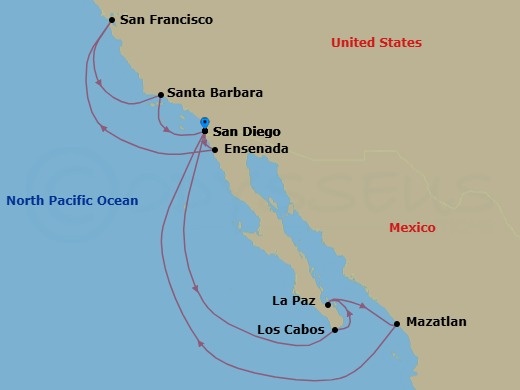 Route map: San Diego, California, US → Cabo San Lucas, Mexico → Pichilingue (La Paz), Mexico → Mazatlan, Mexico → San Diego, California, US → Ensenada, Mexico → San Francisco, California, US → Santa Barbara, California, US → San Diego, California, US