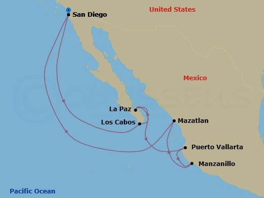 Route map: San Diego, California, US → Cabo San Lucas, Mexico → Pichilingue (La Paz), Mexico → Puerto Vallarta, Mexico → Manzanillo, Mexico → Mazatlan, Mexico → San Diego, California, US