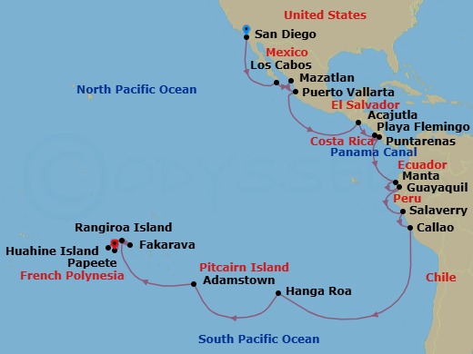 Route map: San Diego → Cabo San Lucas (Baja California Sur) → Mazatlan → Puerto Vallarta → Acajutla → Playa Flamingo → Puntarenas → Manta → Guayaquil → Salaverry