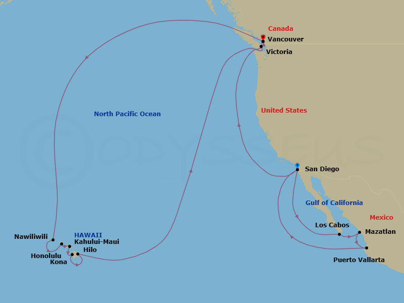 Route map: San Diego, California, US → Cabo San Lucas, Mexico → Mazatlan, Mexico → Puerto Vallarta, Mexico → San Diego, California, US → Victoria, British Columbia, Canada → Vancouver, B.C., CA → Nawiliwili, Kauai, Hawaii, US → Honolulu, Hawaii, US → Kahului, Maui, US
