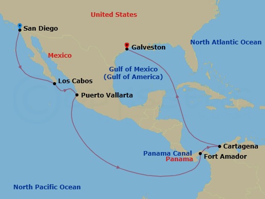 Route map: San Diego → Los Cabos → Puerto Vallarta → Fort Amador → Panama Canal → Cartagena → Galveston
