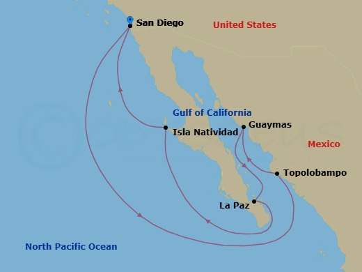Route map: San Diego → Topolobampo → Guaymas → La Paz → Isla Natividad (Sightseen Only) → San Diego