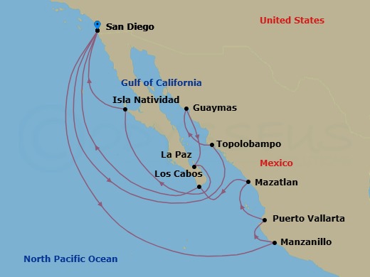Route map: San Diego → Topolobampo → Guaymas → La Paz → Isla Natividad (Sightseen Only) → San Diego → Manzanillo → Puerto Vallarta → Mazatlan → Cabo San Lucas (Baja California Sur)