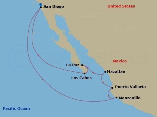 Route map: San Diego, California, US → Manzanillo, Mexico → Puerto Vallarta, Mexico → Mazatlan, Mexico → Pichilingue (La Paz), Mexico → Cabo San Lucas, Mexico → San Diego, California, US