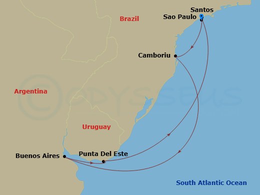 Route map: Santos (Sao Paulo) Brazil → Camboriu Brazil → Buenos Aires Argentina → Punta Del Este Uruguay → Santos (Sao Paulo) Brazil
