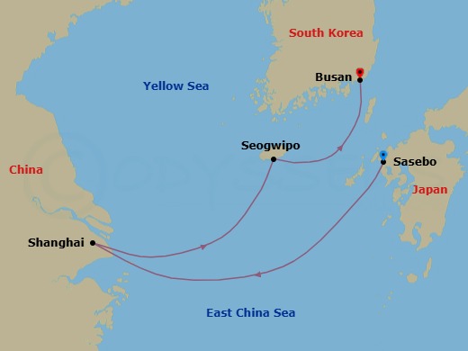Route map: Sasebo (Japan) → Shanghai (China) → Seogwipo (Jeju) → Busan (South Korea)