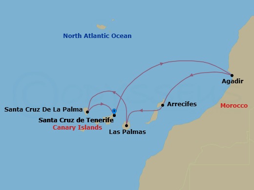 Route map: Santa Cruz (Tenerife) → Agadir → Arrecife (Lanzarote) → Las Palmas (Gran Canaria) → STCRUZ DE LA PALMA → Santa Cruz (Tenerife)