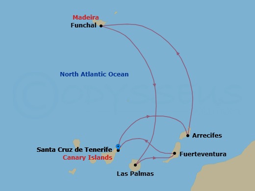 Route map: Santa Cruz (Tenerife) → Arrecife (Lanzarote) → Funchal (Madeira) → Las Palmas (Gran Canaria) → Pt Rosario (Fuerteventura) → Santa Cruz (Tenerife)