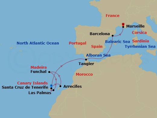 Route map: Santa Cruz (Tenerife) → Arrecife (Lanzarote) → Funchal (Madeira) → Las Palmas (Gran Canaria) → Santa Cruz (Tenerife) → Tangier → Barcelona → Marseille
