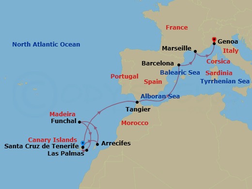 Route map: Santa Cruz (Tenerife) → Arrecife (Lanzarote) → Funchal (Madeira) → Las Palmas (Gran Canaria) → Santa Cruz (Tenerife) → Tangier → Barcelona → Marseille → Genova (Portofino)