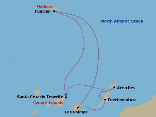 Route map: Santa Cruz (Tenerife) → Arrecife (Lanzarote) → Pt Rosario (Fuerteventura) → Las Palmas (Gran Canaria) → Funchal (Madeira) → Santa Cruz (Tenerife)