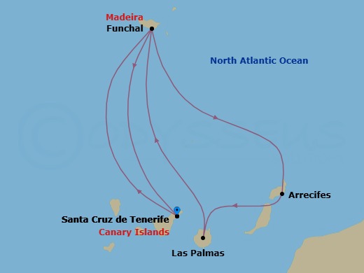 Route map: Santa Cruz (Tenerife) → Funchal (Madeira) → Arrecife (Lanzarote) → Las Palmas (Gran Canaria) → Funchal (Madeira) → Santa Cruz (Tenerife)