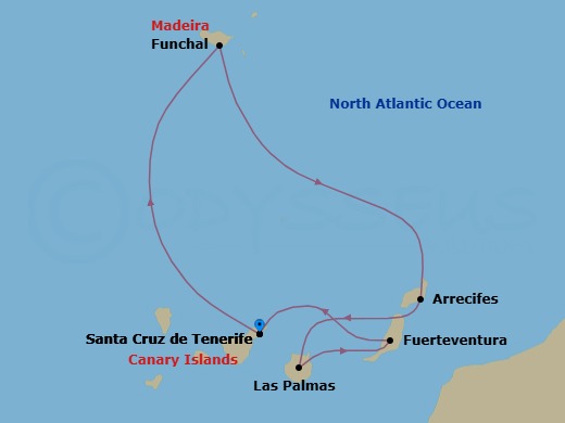 Route map: Santa Cruz (Tenerife) → Funchal (Madeira) → Arrecife (Lanzarote) → Las Palmas (Gran Canaria) → Pt Rosario (Fuerteventura) → Santa Cruz (Tenerife)