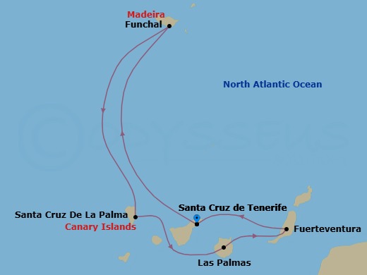 Route map: Santa Cruz (Tenerife) → Funchal (Madeira) → STCRUZ DE LA PALMA → Las Palmas (Gran Canaria) → Pt Rosario (Fuerteventura) → Santa Cruz (Tenerife)