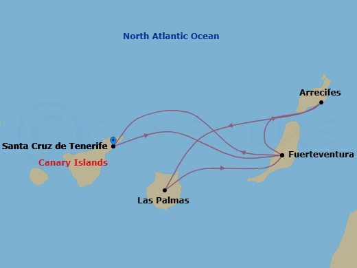 Route map: Santa Cruz (Tenerife) → Pt Rosario (Fuerteventura) → Arrecife (Lanzarote) → Las Palmas (Gran Canaria) → Pt Rosario (Fuerteventura) → Santa Cruz (Tenerife)