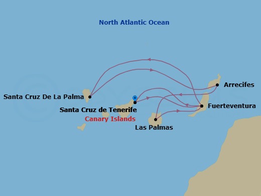 Route map: Santa Cruz (Tenerife) → Pt Rosario (Fuerteventura) → STCRUZ DE LA PALMA → Arrecife (Lanzarote) → Las Palmas (Gran Canaria) → Pt Rosario (Fuerteventura) → Santa Cruz (Tenerife)