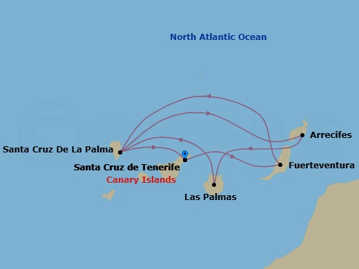 Route map: Santa Cruz (Tenerife) → Pt Rosario (Fuerteventura) → STCRUZ DE LA PALMA → Arrecife (Lanzarote) → Las Palmas (Gran Canaria) → STCRUZ DE LA PALMA → Santa Cruz (Tenerife)