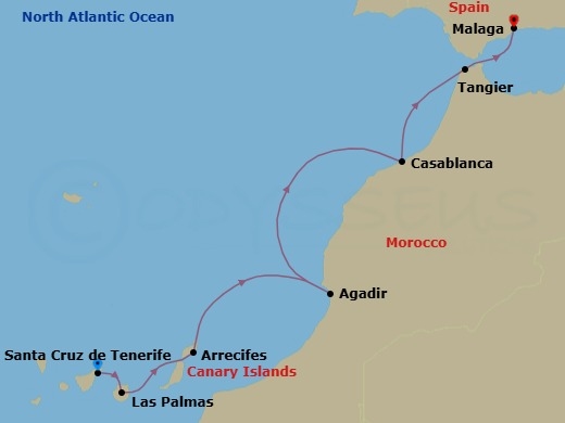 Route map: Santa Cruz de Tenerife → Las Palmas → Arrecifes → Agadir → Casablanca → Tangier (Tetouan) Morocco → Malaga