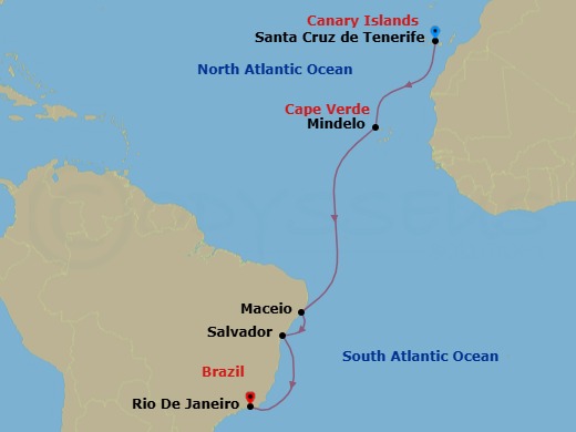 Route map: Santa Cruz (Tenerife) → Mindelo (Sao Vicente) → Maceio → SALVADOR BAHIA → Rio de Janeiro