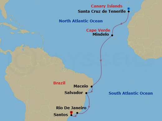 Route map: Santa Cruz (Tenerife) → Mindelo (Sao Vicente) → Maceio → SALVADOR BAHIA → Rio de Janeiro → Santos (Sao Paulo)