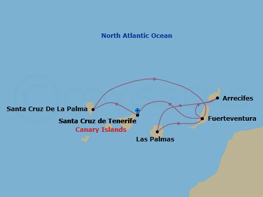 Route map: Santa Cruz (Tenerife) → STCRUZ DE LA PALMA → Pt Rosario (Fuerteventura) → Arrecife (Lanzarote) → Las Palmas (Gran Canaria) → Pt Rosario (Fuerteventura) → Santa Cruz (Tenerife)