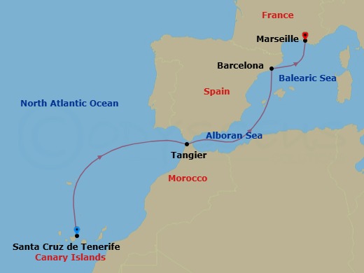 Route map: Santa Cruz (Tenerife) → Tangier → Barcelona → Marseille