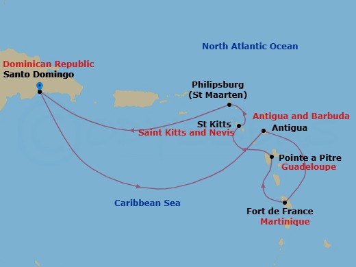 Route map: Santo Domingo → Antigua → Fort de France → Pointe a Pitre → St Kitts → St Maarten (Philipsburg) → Santo Domingo