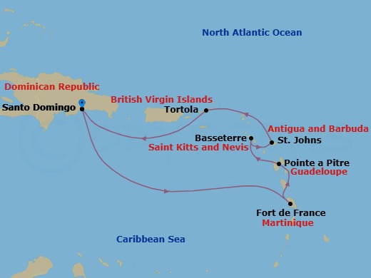 Route map: Santo Domingo → Fort-de-France → Pointe-a-Pitre → Basseterre (Saint Kitts) → St Johns (Antigua) → Road Habour (Tortola) → Santo Domingo