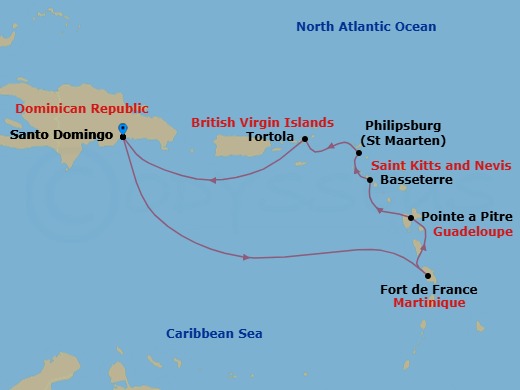 Route map: Santo Domingo → Fort-de-France → Pointe-a-Pitre → Basseterre (Saint Kitts) → Philipsburg → Road Habour (Tortola) → Santo Domingo
