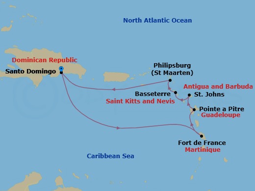 Route map: Santo Domingo → Fort-de-France → Pointe-a-Pitre → St Johns (Antigua) → Basseterre (Saint Kitts) → Philipsburg → Santo Domingo