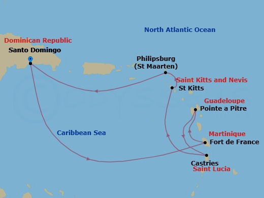 Route map: Santo Domingo → Fort de France → Pointe a Pitre → Castries → St Kitts → St Maarten (Philipsburg) → Santo Domingo
