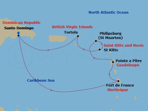 Route map: Santo Domingo → Fort de France → Pointe a Pitre → St Maarten (Philipsburg) → St Kitts → Tortola → Santo Domingo