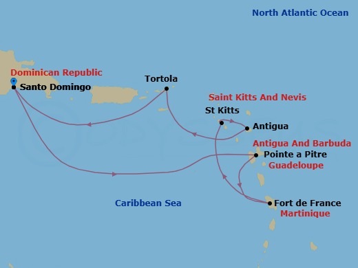 Route map: Santo Domingo (Dominican Republic) → Guadeloupe (Antilles) → Martinique (Antilles) → St. Kitts (Antilles) → Sea Of Antilles Darkest Spot → Antigua (Antilles) → Antigua Bay → Road Harbour | Tortola → Santo Domingo (Dominican Republic)