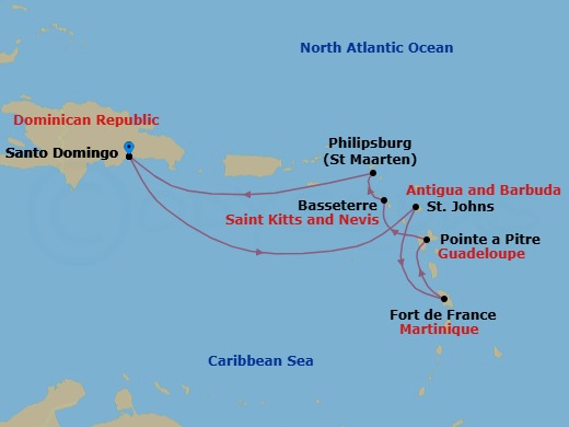 Route map: Santo Domingo → St Johns (Antigua) → Fort-de-France → Pointe-a-Pitre → Basseterre (Saint Kitts) → Philipsburg → Santo Domingo
