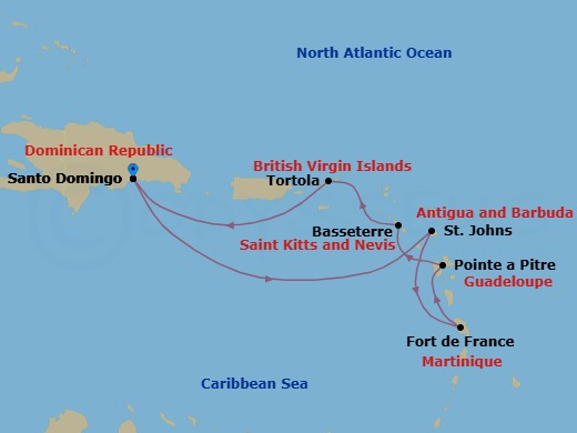 Route map: Santo Domingo → St Johns (Antigua) → Fort-de-France → Pointe-a-Pitre → Basseterre (Saint Kitts) → Road Habour (Tortola) → Santo Domingo