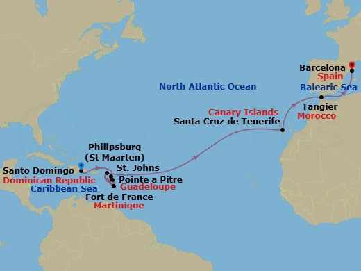 Route map: Santo Domingo → St Johns (Antigua) → Fort-de-France → Pointe-a-Pitre → Philipsburg → Santa Cruz (Tenerife) → Tangier → Barcelona