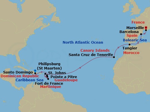 Route map: Santo Domingo → St Johns (Antigua) → Fort-de-France → Pointe-a-Pitre → Philipsburg → Santa Cruz (Tenerife) → Tangier → Barcelona → Marseille