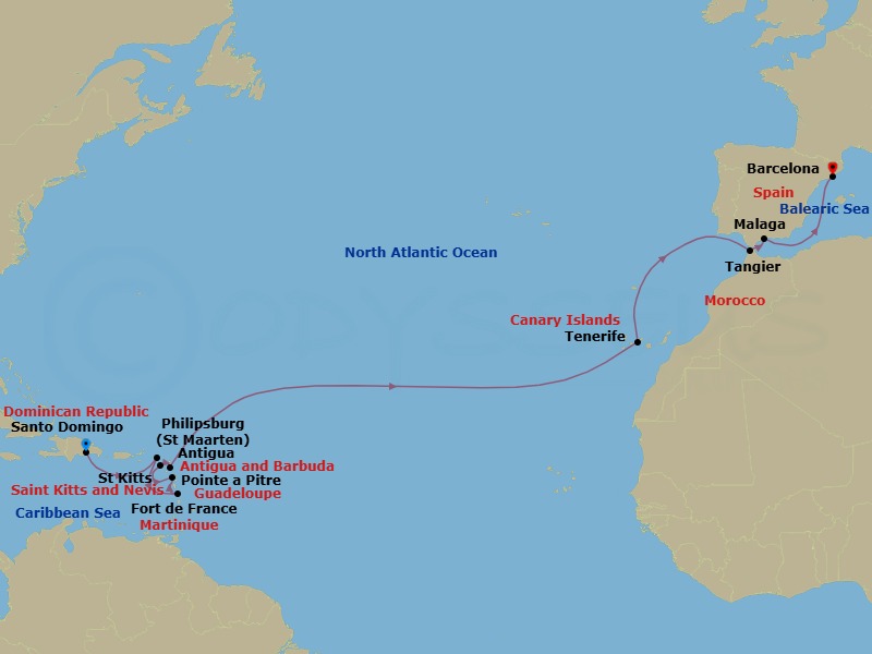 Route map: Santo Domingo → St Maarten (Philipsburg) → Fort de France → Pointe a Pitre → St Kitts → Antigua → Tenerife → Tangier (Tetouan) Morocco → Malaga → Barcelona