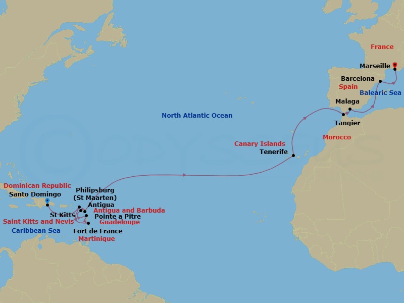 Route map: Santo Domingo → St Maarten (Philipsburg) → Fort de France → Pointe a Pitre → St Kitts → Antigua → Tenerife → Tangier (Tetouan) Morocco → Malaga → Barcelona