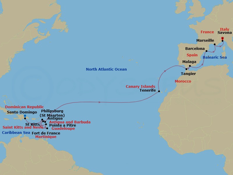 Route map: Santo Domingo → St Maarten (Philipsburg) → Fort de France → Pointe a Pitre → St Kitts → Antigua → Tenerife → Tangier (Tetouan) Morocco → Malaga → Barcelona