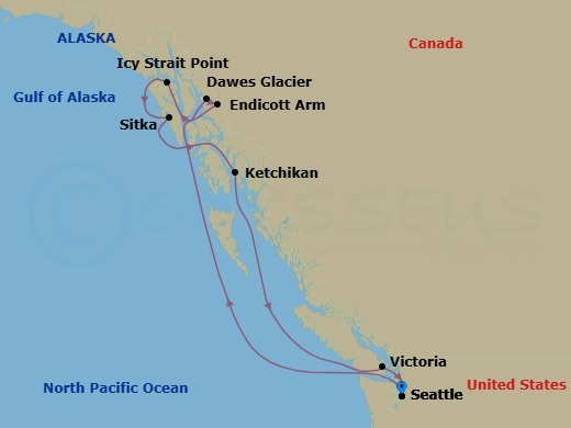 Route map: Seattle, Wa → Endicott Arm   Dawes Glacier → Icy Strait Point, Ak → Sitka, Ak → Ketchikan (Ward Cove), Ak → Victoria  Bc  Canada → Seattle, Wa