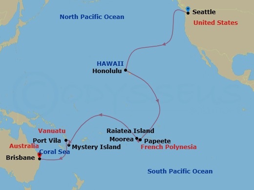 Route map: Seattle, Washington → Honolulu, Oahu, Hawaii → Moorea, French Polynesia → Papeete,Tahiti,Fr.Polynesia → Raiatea, French Polynesia → International Dateline → Mystery Island, Vanuatu → Vila, Vanuatu → Brisbane, Australia