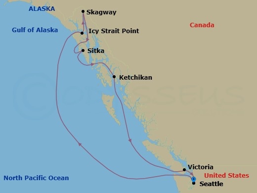 Route map: Seattle, Wa → Icy Strait Point, Ak → Skagway, Ak → Cruise Hubbard Glacier, Ak → Sitka, Ak → Ketchikan (Ward Cove), Ak → Victoria  Bc  Canada → Seattle, Wa